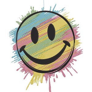 May include: Embroidered smiley face design with a black outline and a rainbow striped interior. The design features colorful paint splatter accents in pink, yellow, blue, and green. The happy face has black oval eyes and a curved smile.