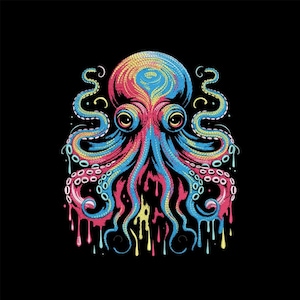 May include: A vibrant illustration of an octopus against a black background. The octopus features a colorful design with shades of blue, pink, yellow, and red. Its tentacles drip downwards, adding a unique artistic flair to the design.
