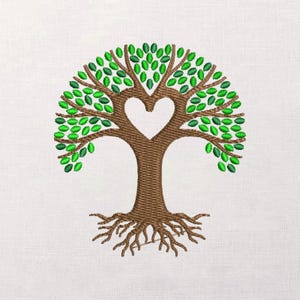 May include: Embroidered tree design with a heart-shaped opening in the center. The tree features a brown trunk and branches, with green leaves. The roots are also brown, and the background is a light, off-white color.
