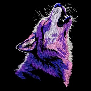 May include: A digital illustration of a howling wolf, rendered in shades of purple, pink, and white, set against a black backdrop. The wolf's open mouth shows teeth, and the fur is detailed with textured lines.