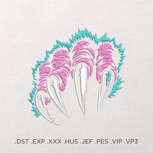 May include: Embroidered claw design in pink, white, and teal. The claw features sharp, white talons with pink and teal accents. The design is set against a white background. File formats: .DST .EXP .XXX .HUS .JEF .PES .VIP .VP3.