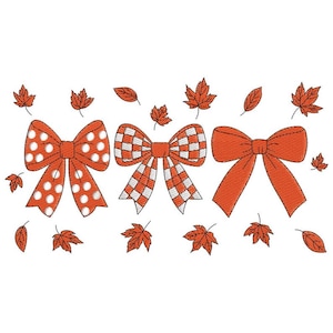 May include: Three orange bows with different patterns, including polka dots and a checkered design, are displayed. Scattered around the bows are orange autumn leaves. The bows are likely for decorative purposes.