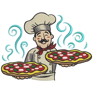 May include: An embroidered image of a smiling chef holding two pizzas. The pizzas have red sauce, white cheese, and green basil. The chef wears a white hat, uniform, and a red neckerchief. Blue swirls represent steam.