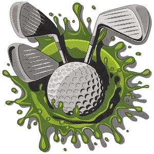 May include: Embroidered design featuring a golf ball and three golf clubs, set against a green splash effect. The golf ball is white with dimples, and the clubs are silver and black. The design is on a white background.