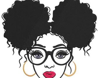 Afro Chic Woman Embroidery Design, African American Lady Outline Glasses Hoop Earrings, Modern Black Woman Embroidery Art
