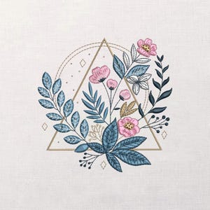 Floral Geometric Embroidery Design, Modern Botanical Stitch Pattern, Triangle Line Art Flowers, Digital Machine File