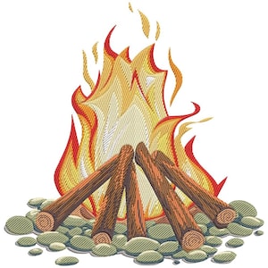 May include: An embroidered image of a campfire with flames in shades of yellow, orange, and red. The fire is built with brown logs resting on a bed of green and gray stones.