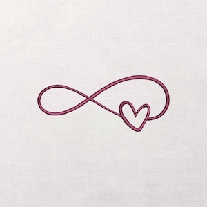 May include: A burgundy-colored embroidered infinity symbol with a heart shape incorporated into the design. The symbol is stitched on a white fabric background. The heart is at the end of the infinity loop.