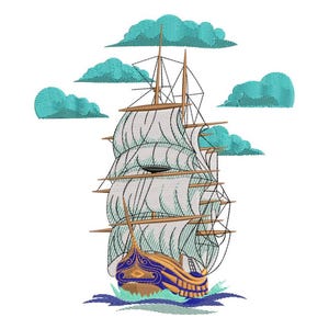 May include: An embroidered image of a tall sailing ship with white sails and brown masts. The ship has a blue and gold hull, and is sailing on blue and green waves. Teal clouds are in the background.