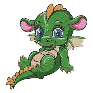 May include: A cartoon illustration of a friendly green dragon with large blue eyes, pink-lined ears, and small tan wings. The dragon has a tan belly and tail accents, and is sitting with its legs bent.