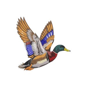 May include: An embroidered patch featuring a mallard duck in flight with wings spread wide. The duck has a vibrant green head, a yellow beak, a dark red chest, and wings detailed with brown, grey, white, and iridescent blue feathers.