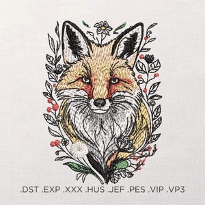 May include: Embroidered fox portrait with a floral border. The fox features a tan and white fur with black-tipped ears and red accents around the eyes. The floral border includes leaves, berries, and flowers, all in black and white.