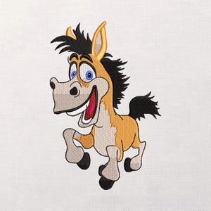 May include: A cartoon-style image of a donkey with a cheerful expression. The donkey has a tan and white body, black mane and tail, and large blue eyes. Its mouth is open in a wide grin, revealing a red tongue. The donkey is in a running pose.