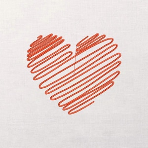 May include: An embroidered heart design in bright red thread on a white fabric background. The heart is formed by parallel, scribbled lines, creating a textured effect. The simple, yet striking design is centered on the fabric.