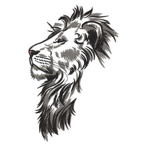 May include: An embroidered lion head profile in black and gray thread. The lion's mane and facial features are detailed with varying stitch densities, creating a textured effect. The design is set against a white background.