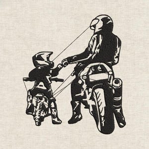 May include: Black and white illustration of a parent and child on motorcycles. The parent is seated on a larger bike, while the child is on a smaller one, both wearing helmets. The image conveys a theme of family and adventure.