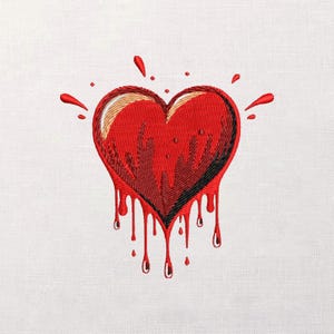 May include: Embroidered red heart with dripping blood effect. The heart has a textured appearance with black and gold accents. Red droplets surround the heart, creating a dramatic visual effect. The design is set against a white background.