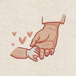 May include: Embroidered design featuring a large hand holding a small hand, with three small hearts. The hands are in a peach color, and the background is a light beige. The design is likely for a baby or family-themed product.