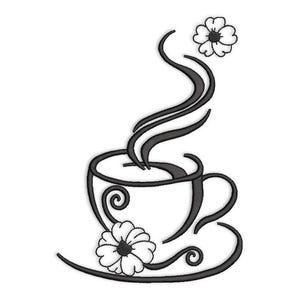 May include: A black and white line drawing of a coffee cup with steam rising from it. The cup sits on a saucer and has a floral design. Two flowers are also included in the design.