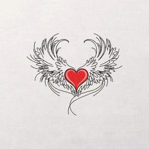 Op de afbeelding: Geborduurd ontwerp met een rood hart met witte en zwarte vleugels op een witte achtergrond. Het hart staat centraal, met vleugels die naar buiten uitsteken. Geschikt voor kleding of knutselen.
