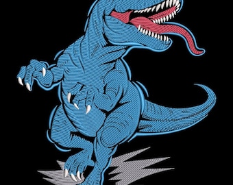 Blue Tyrannosaurus Embroidery Design, Cartoon Dino Digital Pattern, Bold Outline Stitch for Children Clothing and Gifts