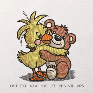 May include: Embroidered design featuring a yellow chick and a brown teddy bear hugging. The chick has an orange beak and pink cheeks. The bear has a smiling face. The design is on a white background. The image includes file type extensions.