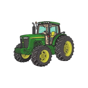 Könnte beinhalten: Ein Stickmotiv eines grünen Traktors mit großen schwarzen Reifen und gelben Felgen. Der Traktor verfügt über ein schwarzes Auspuffrohr, eine detaillierte Kabine mit einem gelben Sitz und einen Frontgrill mit Scheinwerfern. Das Design ist gestickt.