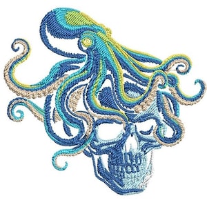 Octopus Skull Embroidery Design, Nautical Machine File, Pirate Tattoo Patch Pattern, Ocean Gothic Stitch Art