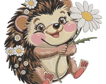Cute Hedgehog Machine Embroidery Design, Woodland Animal with Daisy Flowers, Floral Hedgehog Embroidery File