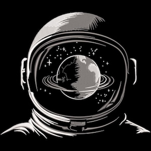 May include: Black and white illustration of an astronaut's helmet with a view of Earth surrounded by rings and stars. The helmet's visor reflects the cosmos, creating a surreal and artistic design.