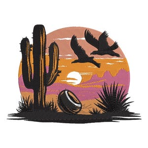 May include: Embroidered desert scene featuring a saguaro cactus, two flying eagles, and a setting sun. The design includes a black, orange, and pink color palette, with a stylized rock in the foreground. The artwork is set against a white background.