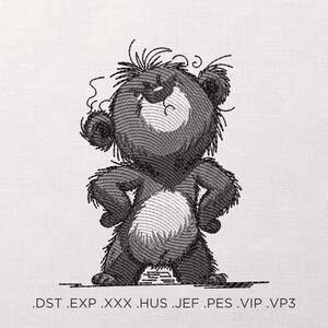 May include: An embroidered design of a grumpy bear with arms crossed, rendered in shades of gray and black. The bear has a white belly and a furrowed brow, with steam rising from its head. The design includes the file types: .DST .EXP .XXX .HUS .JEF .PES .VIP .VP3.