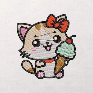 以下が含まれることがあります： 赤いリボンをつけた可愛い漫画の猫が、さくらんぼのトッピングが付いたミントグリーンのアイスクリームコーンを持っています。猫は茶色と白の毛並み、ピンクの頬、赤い襟をしています。白い背景のデザインです。