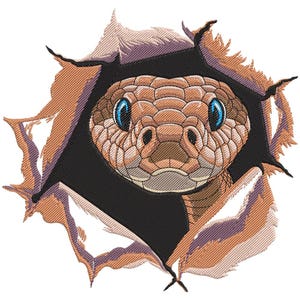 May include: A detailed embroidered patch featuring a snake's head emerging from a torn fabric effect. The snake has a tan and brown color scheme with bright blue eyes. The torn fabric is a mix of tan, brown, and purple.