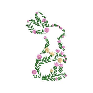 Può includere: Design ricamato di un coniglietto, creato con foglie verdi e fiori rosa e gialli. La composizione floreale forma la sagoma del coniglio, con orecchie, corpo e coda chiaramente definite su sfondo bianco.