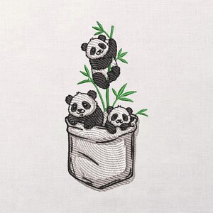 May include: Embroidered design featuring three pandas. Two pandas are in a pocket, and one is climbing a bamboo stalk. The pandas are black and white, and the bamboo is green. The pocket is gray, and the background is white.