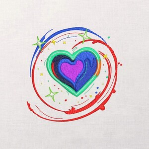 May include: Embroidered heart design with a layered effect, featuring a purple center, surrounded by blue, green, and orange hues. The heart is encircled by a red and blue spiral with green star accents and yellow dots on a white background.