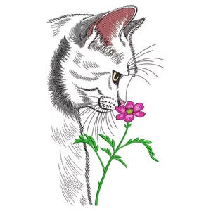 Cat and Flower Embroidery Design, Machine Embroidery Pattern, Cute Animal Embroidery, Cat Art Stitch File, Digital Embroidery Download