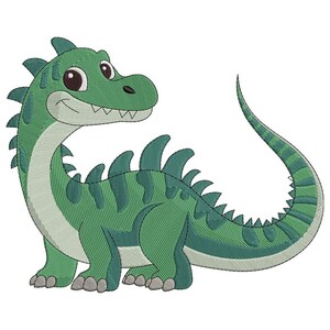 May include: A friendly green dinosaur illustration with a long neck and tail. The dinosaur has a smiling expression, with a light green belly and dark green accents. The design is embroidered with a textured appearance.