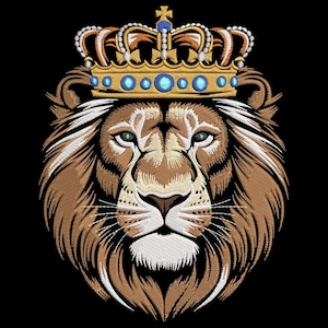 Broderidesign med kungligt lejonhuvud, maskinbroderi med kungligt lejon och krona, broderifil med majestätiskt djur, mönster med kungligt lejonvapen