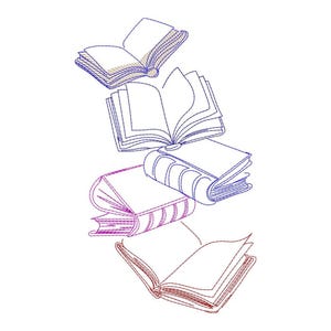 May include: An illustration of several open books in various colors, including blue, purple, and brown. The books are stacked and arranged in a cascading design, with the pages of each book visible.