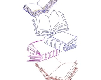 Diseño de bordado de arte lineal de libros flotantes, contorno de libros abiertos, patrón de puntada con temática de lectura, archivo de bordado para club de lectura