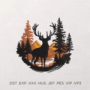 May include: Embroidered design featuring a black silhouette of a stag with large antlers, set within a forest scene. The design includes pine trees, mountains, and a lake, with shades of brown and orange. The embroidery is on a white background.