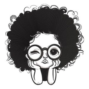 May include: A black and white cartoon illustration of a girl with a large afro and round glasses. The girl is resting her chin on her hands, with one eye winking. The image has a simple, graphic style and is set against a white background.