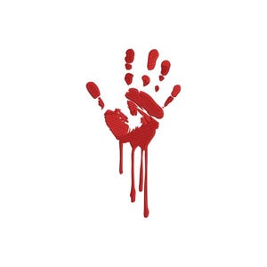 May include: A red embroidered patch featuring a stylized handprint design. The graphic depicts a palm and five fingers with several vertical drips extending downward from the base of the hand, creating a textured, stitched appearance.