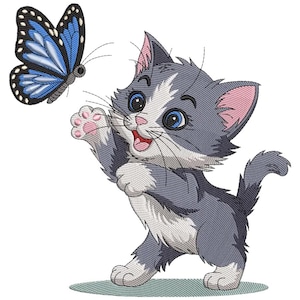 Playful Kitten With Butterfly Embroidery Design, Cartoon Cat Machine Embroidery File, Cute Baby Animal Stitch Pattern, Instant Download