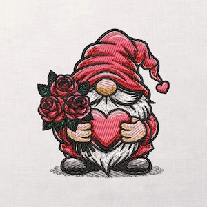 May include: Embroidered gnome holding a pink heart and a bouquet of red roses. The gnome wears a red hat with a heart accent and a red coat. The gnome has a long white beard and is standing on a gray base.