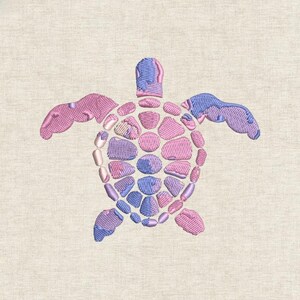 May include: An embroidered sea turtle design featuring a shell composed of individual pink and blue stitched segments. The turtle has a head, four flippers, and a patterned shell, all rendered in a variegated thread color palette on fabric.