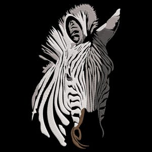May include: An embroidered zebra head with white and gray stripes against a black background. The zebra's eye and ear are visible, and the design has a textured, stitched appearance. The zebra's mouth is open, revealing a brown detail.
