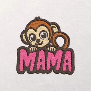 May include: Embroidered patch featuring a cartoon monkey with a brown and tan colour scheme, peeking over the pink word "MAMA". The patch has a brown border and is likely designed for application on clothing or accessories.